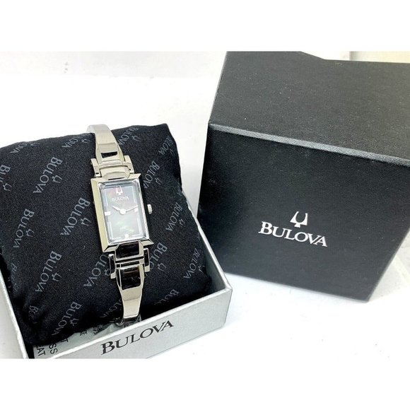 Bulova Women's Watch 96P209 Silver Tone Black Mother of Pearl Dial Diamond 18mm - Picture 3 of 10